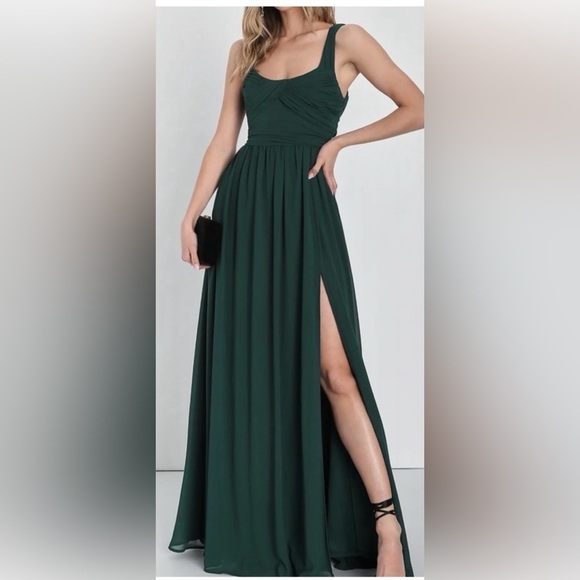Lulus Sensational Moment Emerald Green Pleated Sash Tie Maxi Gown Dress Small - Picture 1 of 9